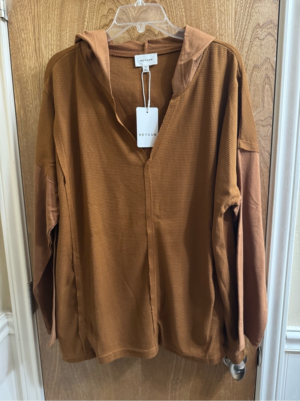 Heyson Deep V-neck Hooded Long Sleeve Shirt Textured Brown Plus Size 2X Cotton